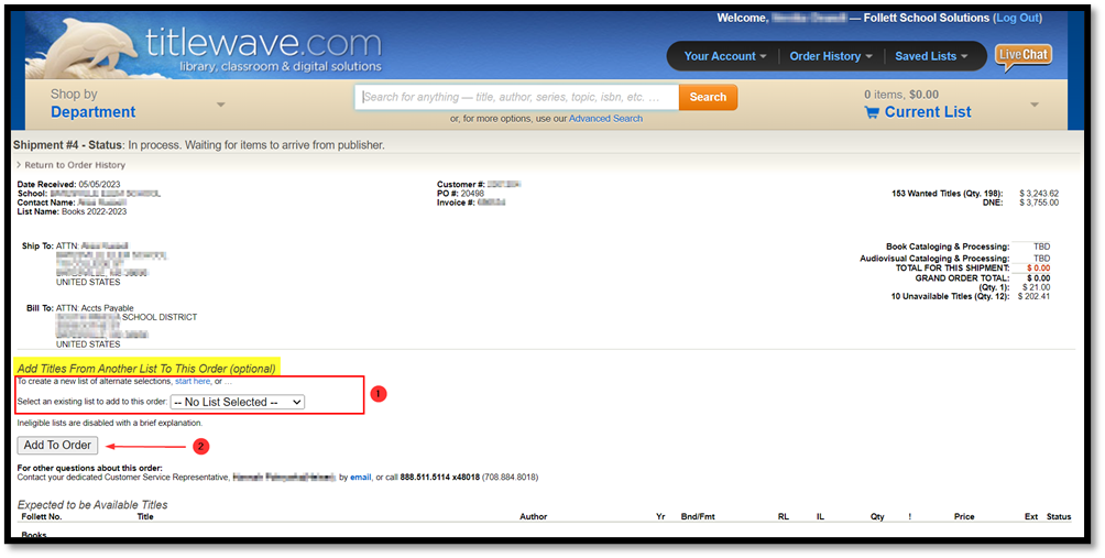 Add Titles from Another List to This Order – Order History